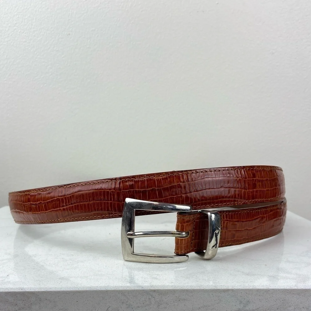 PGA TOUR TOP GRAIN MEN’S REPTILE EMBOSSED LEATHER BELT BROWN AND SILVER